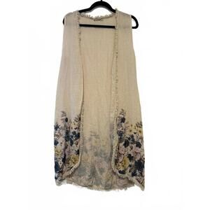 Francesca Betini long linen duster/sleeveless floral cardigan #1611 one sz